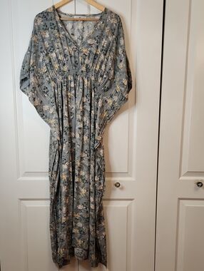 Natural Life Seafoam Green Floral Kimono Sleeve Maxi Dress Size M Boho